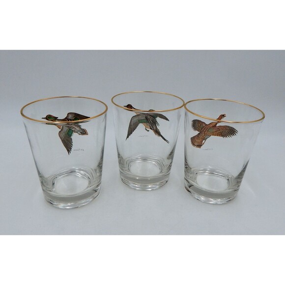 Ducks Waterfowl Double Old-Fashioned Rocks Glasses Glassware Gold Trim S/3 Sign - Picture 4 of 12